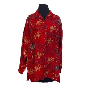 Vintage STUNT Collection Women's Baroque‎ Novelty Chain 100% Silk Shirt Red MED